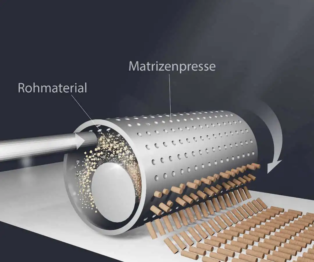 Matrizenpresse, in der Rohmaterial zu Pellets verarbeitet wird